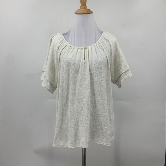 Madewell Textured Thread Top Women M Ivory Tiered Sleeve Keyhole Textured - Picture 2 of 13